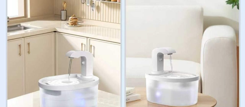 Pet water fountain in kitchen and living room settings