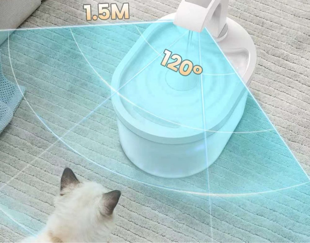 Smart sensor pet water fountain activating as a cat approaches